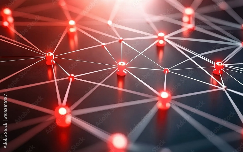 Poster abstract representation of a digital network with glowing red nodes and interconnected lines on a da