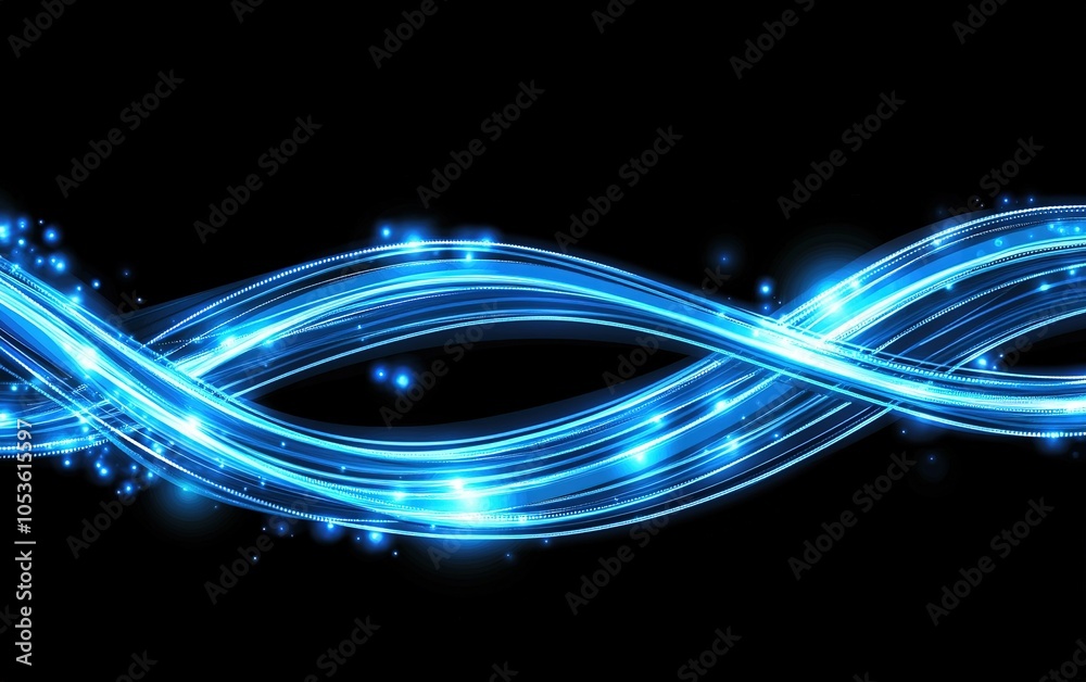 Poster glowing blue waves of light creating a mesmerizing visual display against a dark background