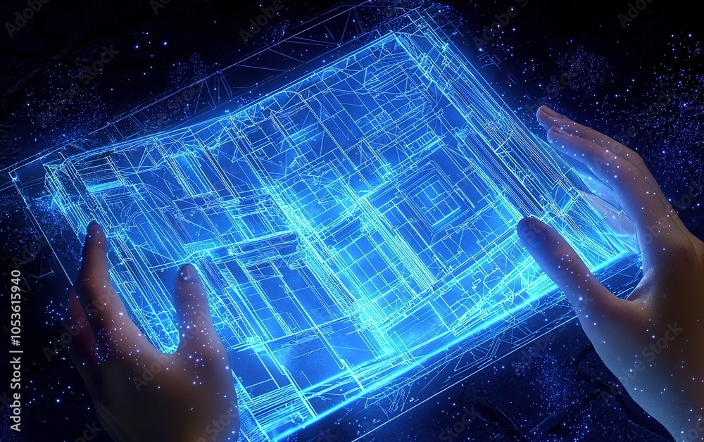 Poster hands exploring a translucent digital blueprint in a futuristic setting with glowing lines and intri