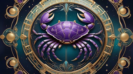 Cancer Zodiac Astrology Symbol - Art Deco Crab Illustration with Deep Purple, Burnt Orange, and Midnight Blue Accents; Elegant Digital Artwork of Water Sign