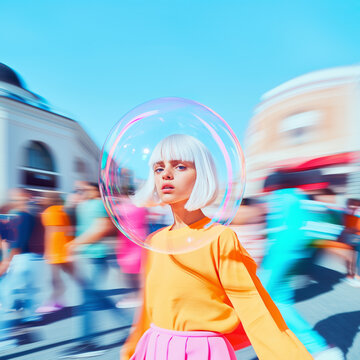 blonde girl in a soap bubble	