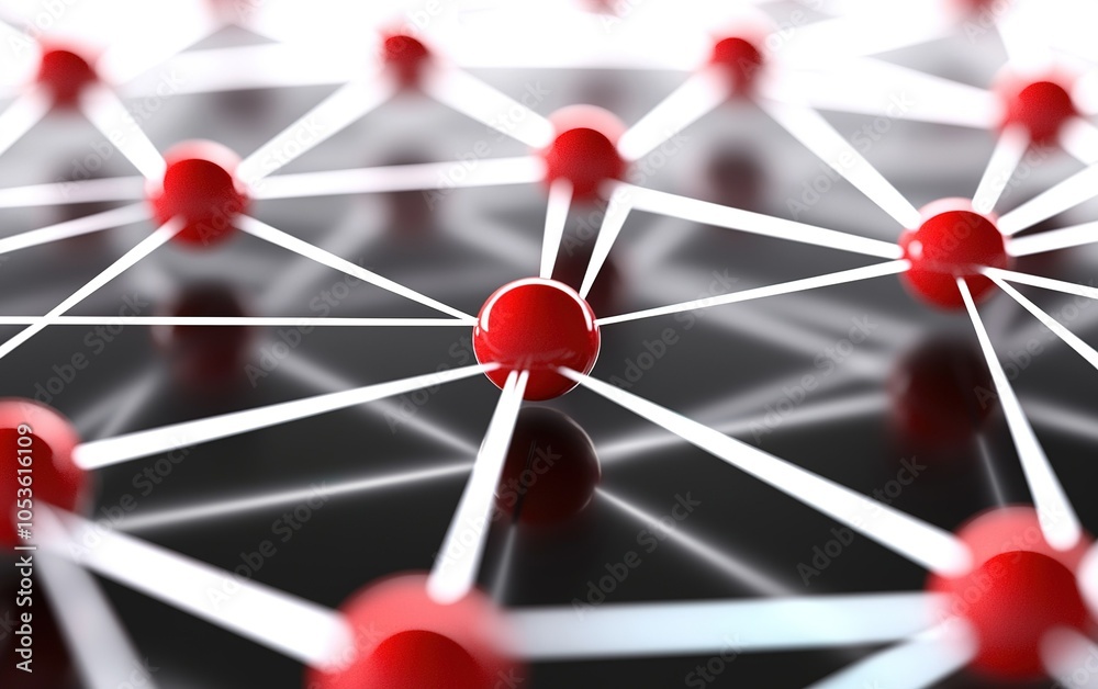 Poster a close-up view of interconnected nodes illustrating a network structure with red spheres and white 