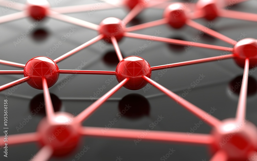 Poster close-up view of interconnected red nodes on a sleek black background representing a network structu