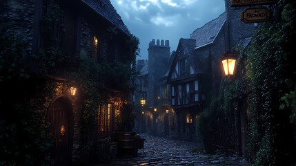 Fototapeta premium A medieval alleyway at dusk, lined with quaint, timber-framed buildings and cobblestone streets. Ivy creeps up walls, lanterns glow against moonlit shadows, signs hang above small shop entrances.