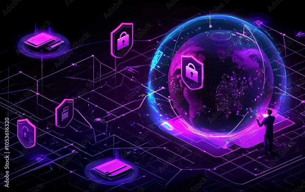 Poster visual representation of global cybersecurity concepts with a digital sphere and protective icons in