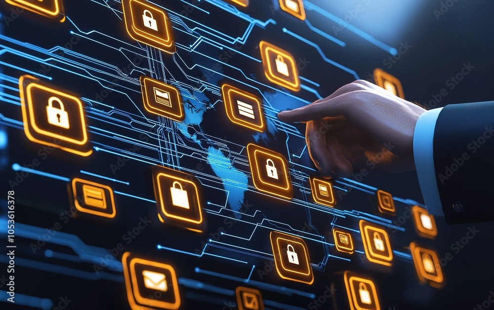 Poster a business professional interacting with a digital interface displaying security icons in a futurist