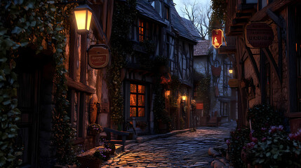 Fototapeta premium A medieval alleyway at dusk, lined with quaint, timber-framed buildings and cobblestone streets. Ivy creeps up walls, lanterns glow against moonlit shadows, signs hang above small shop entrances.