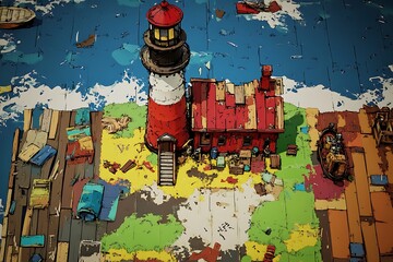 Fototapeta premium Whimsical Lighthouse with Rustic Buildings, Colorful Sea, and Boats.