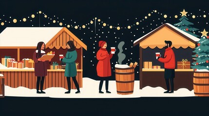 Obraz premium A cheerful holiday market scene, with people sipping hot cocoa, twinkling lights and decorated stalls