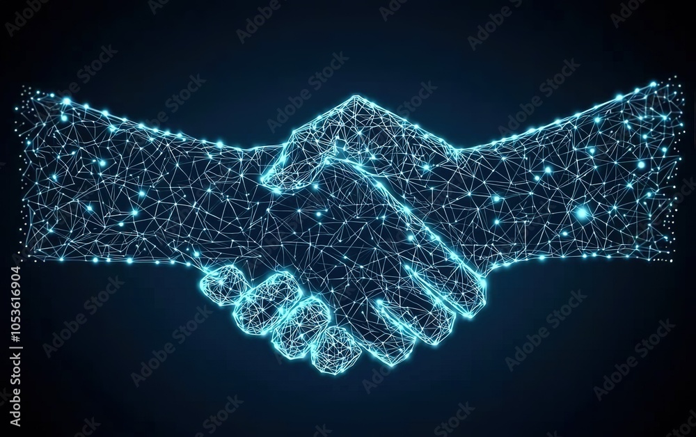 Poster hands forming a digital handshake against a dark background with interconnected nodes representing t