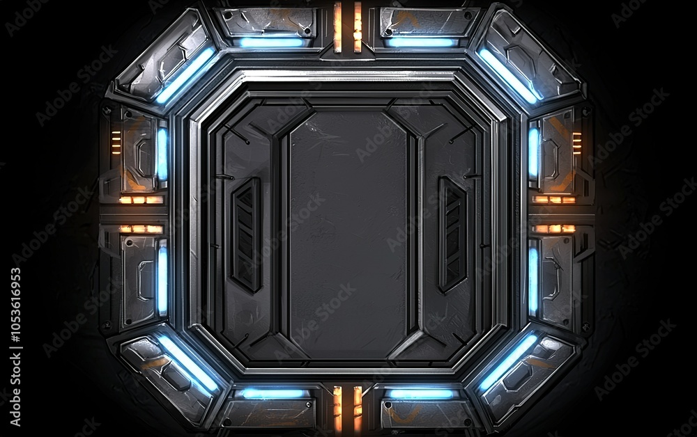 Poster futuristic octagonal frame with illuminated edges in a sci-fi setting, showcasing advanced technolog