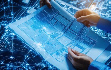 Person examining detailed blueprints in a modern office with digital overlays at night