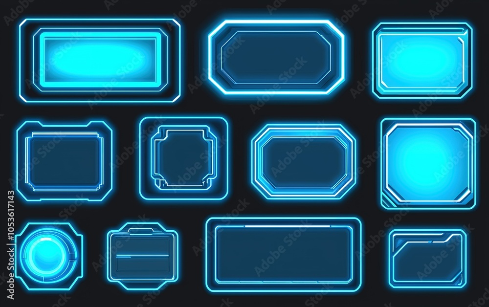 Poster futuristic blue and cyan ui elements in various shapes and sizes on a dark background for digital de