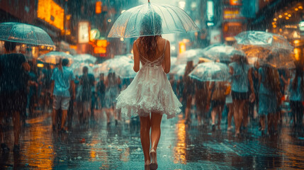 A girl in an elegant red dress and high heels walks down the street with her umbrella