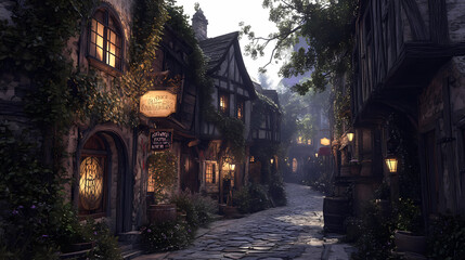 A medieval alleyway at dusk, lined with quaint, timber-framed buildings and cobblestone streets. Ivy creeps up walls, lanterns glow against moonlit shadows, signs hang above small shop entrances.