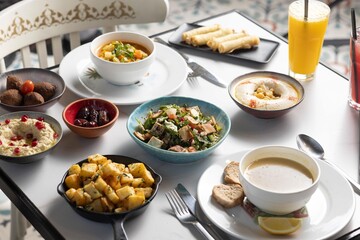 Lebanese Mezze Spread with Traditional Dishes and Fresh Drinks

