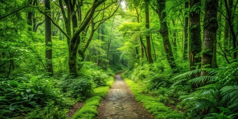 Obraz premium Lush Green Forest Trail Leading Through Dense Foliage with Pathway in Nature