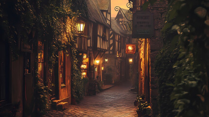 Fototapeta premium A medieval alleyway at dusk, lined with quaint, timber-framed buildings and cobblestone streets. Ivy creeps up walls, lanterns glow against moonlit shadows, signs hang above small shop entrances.