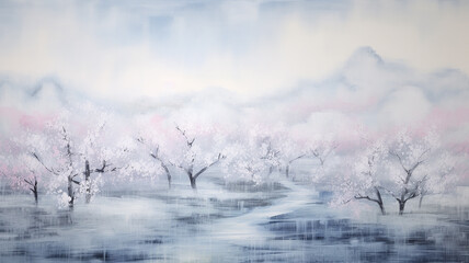 artistic cherry blossoms in spring, paint art canvas, surface light copy space abstract background blue and white