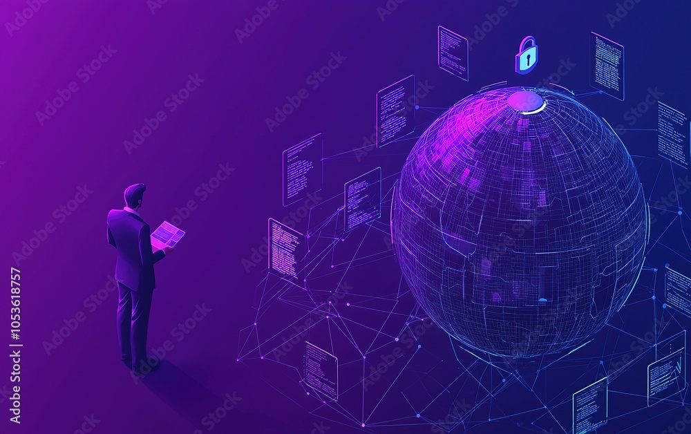 Poster a business professional analyzing data security measures in a digital environment with a global pers