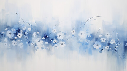 artistic background delicate white and blue flowers on light, paint art canvas, surface copy space abstract background