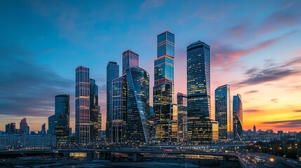 Fototapeta premium A panoramic view of Moscow's skyline at dusk.