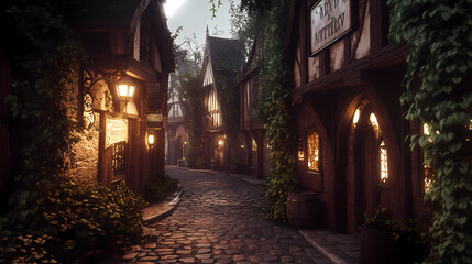 A medieval alleyway at dusk, lined with quaint, timber-framed buildings and cobblestone streets....