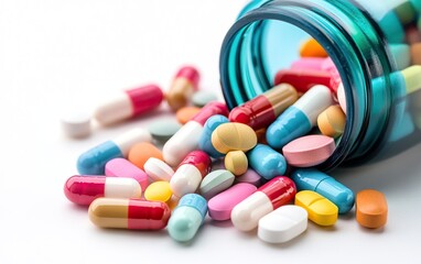 A colorful assortment of various pills and capsules spills from a glass container, highlighting their different shapes and colors against a white background.