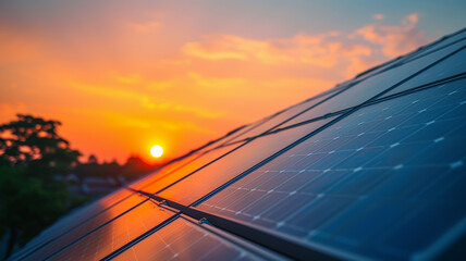 Fototapeta premium Solar batteries on the roof of the house on the background of sunset