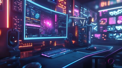 A competitive gaming rig with dual monitors, RGB lighting creating a neon glow, and an advanced mechanical keyboard and mouse setup for optimal performance
