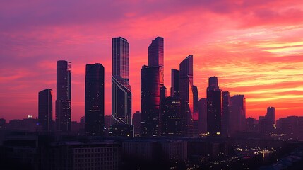 Fototapeta premium A panoramic view of the Moscow skyline at sunset, with a pink and purple sky.