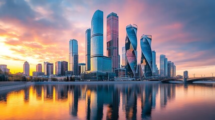 Obraz premium A panoramic view of the Moscow skyline at sunset.