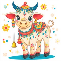 Obraz premium A cute Indian cartoon cow with colorful decorations and a bell