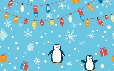 Fototapeta premium Cheerful penguins celebrate the winter season with colorful decorations and snowflakes in a festive blue background