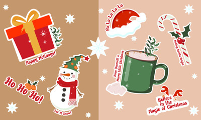 set of christmas icons, This illustration shows festive Christmas stickers, including a gift, a snowman, a Santa hat, a mug of hot cocoa, a candy cane, and phrases like “Happy Holidays!” and “Believe 