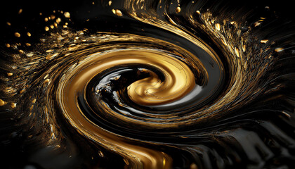 Abstract art dynamic swirl, spirals of bold black and gold paint splashes, forming a vortex