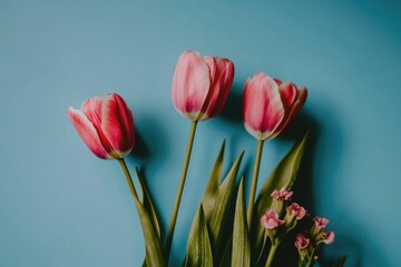 Three pink tulips sit together on a blue background, ideal for decoration or design projects