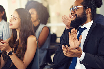 Group, diversity and applause with pride in seminar for presentation, pitch or proposal. Team building, people and collaboration for employee engagement, discussion and conference in corporate office