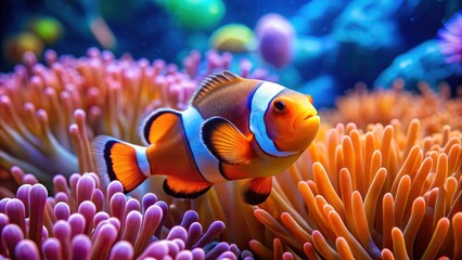 Colorful Clownfish Swimming in Vibrant Underwater World with Coral Reef and Sea Anemone