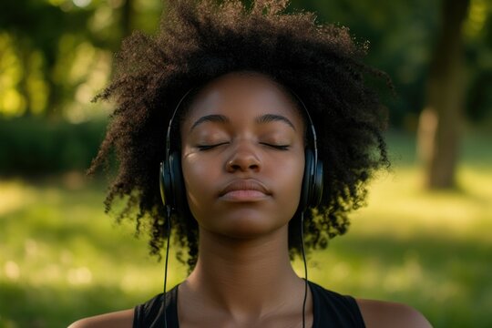 A woman relaxing and enjoying her favorite tunes with eyes closed and headphones on
