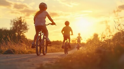 Fototapeta premium Children riding bicycles along a country road, golden sunset in the background, carefree summer vibes