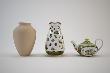 Ceramic vase and teapot with floral motif. 3D rendering.