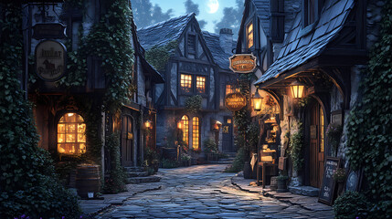Obraz premium A medieval alleyway at dusk, lined with quaint, timber-framed buildings and cobblestone streets. Ivy creeps up walls, lanterns glow against moonlit shadows, signs hang above small shop entrances.
