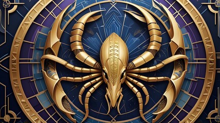 Obraz premium Scorpio Zodiac Astrology Symbol - Art Deco Scorpion Illustration with Deep Purple, Burnt Orange, and Midnight Blue Accents; Elegant Digital Artwork of Water Sign