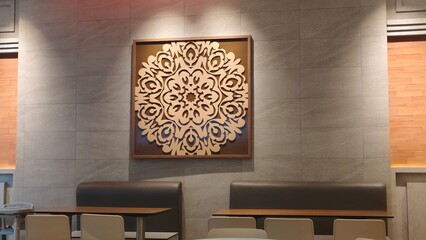 Decorative Wall Art with Intricate Floral Pattern in a Modern Restaurant Interior