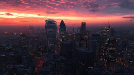 Fototapeta premium London skyline at sunset with a pink and purple sky.