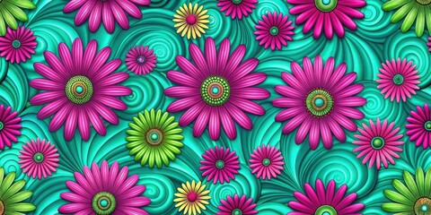 Funky daisies swirling patterns in vibrant magenta green turquoise seamless design