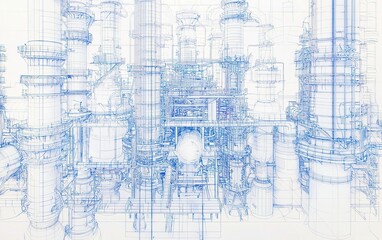 Industrial blueprint of a complex refinery system with detailed machinery and intricate piping layout
