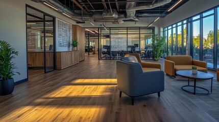Modern office interior with seating, plants, and natural light.
