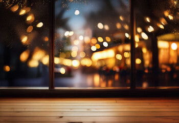 Obraz premium A wooden table sits in front of a window with a blurry view of a city street at night with rain falling.